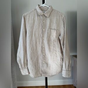 Uniqlo Beige and White Striped Linen Button-Down Shirt